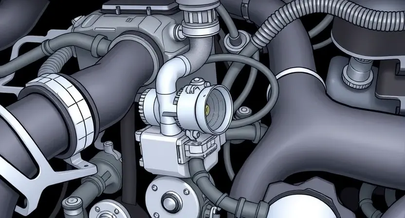 A close-up, detailed illustration of an engine bay with a focus on the coolant temperature sensor and its wiring. The sensor should be clearly visible, along with surrounding hoses and engine components. The image should convey a sense of technical precision and clarity, highlighting the sensor's location and connection points. The overall lighting should be bright and even, emphasizing the details of the components.
