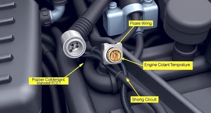 A close-up, detailed illustration of an automotive engine bay. Focus on the Engine Coolant Temperature (ECT) sensor and its wiring harness. Highlight potential issues like corrosion on the wiring and a possible short circuit. The background should show other engine components, but the sensor and wiring should be the primary focus.