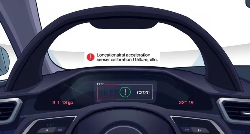 A detailed illustration of a car's dashboard displaying a C2120 error message related to longitudinal acceleration sensor calibration failure. The dashboard should show warning lights and text indicating the error. The car's interior should be realistically depicted.