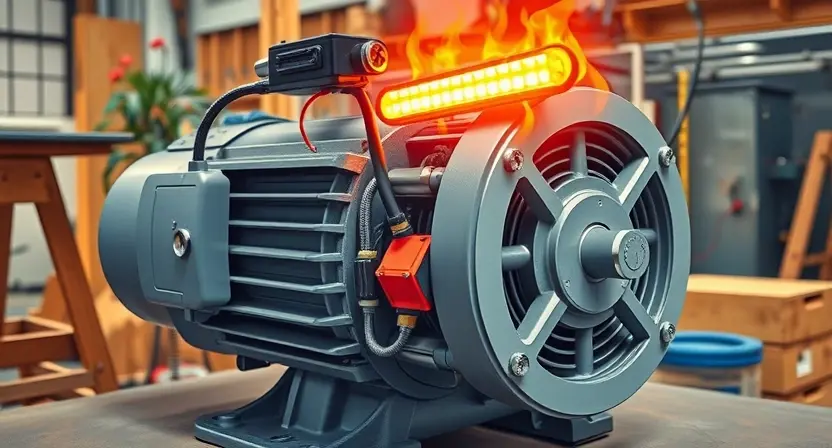 A detailed illustration of an electric motor with a temperature sensor attached. The motor should be depicted in a workshop setting, with visible wiring and components. The image should convey a sense of technical precision and potential overheating.