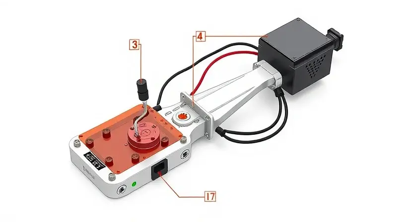 A high-quality technical illustration showing an electronic accelerator pedal assembly with highlighted wiring and sensor components, clean white background, professional engineering diagram style, no text or numbers visible
