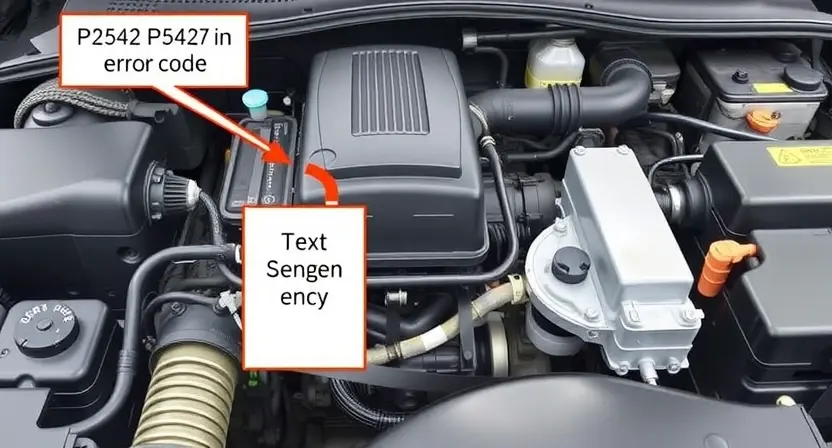 A detailed illustration of an automotive engine bay, focusing on the area where a P2542 error code might originate. Include visual representations of sensors, wiring harnesses, and components related to the engine control unit (ECU). The image should convey a sense of technical complexity and precision.