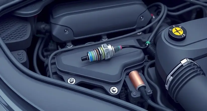 A detailed illustration of a car's engine bay, focusing on the temperature sensor and its wiring. The sensor should be clearly visible, along with the wiring connecting it to the engine control unit (ECU). The background should be slightly blurred to emphasize the sensor.