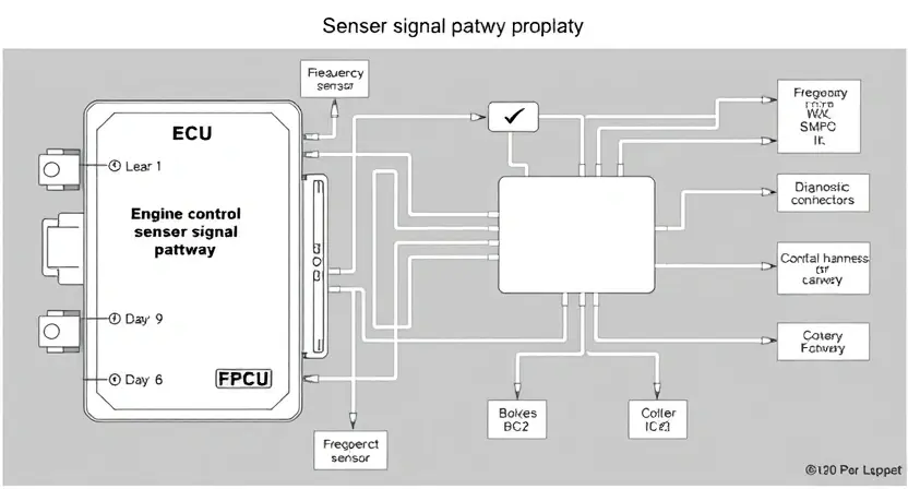 A detailed schematic diagram of a vehicle's engine control unit (ECU) with a highlighted sensor signal pathway. Include labels for key components like the frequency sensor, wiring harness, and diagnostic connectors. The diagram should be clean, professional, and easy to understand.
