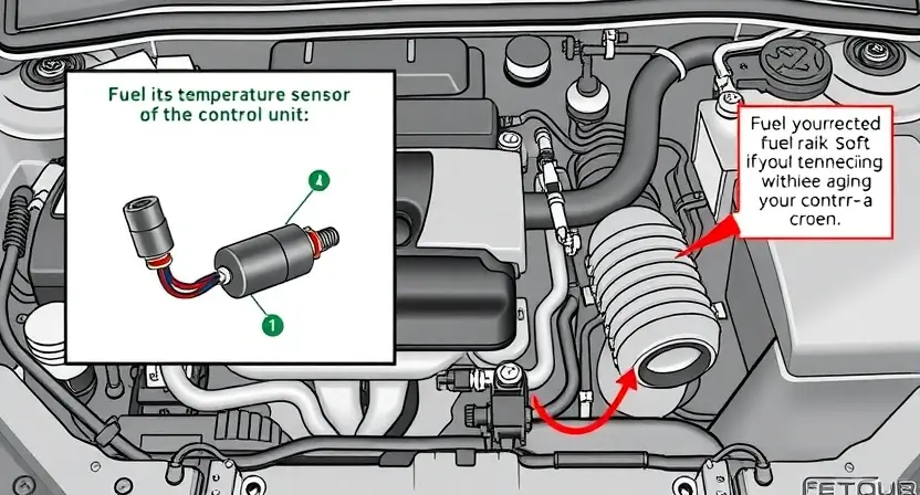 A detailed illustration of an automotive engine bay, focusing on the fuel system. Include a diagram highlighting the fuel temperature sensor, its wiring, and the associated control unit. Show the sensor connected to the fuel rail and the engine control unit (ECU). The image should be clean and professional, with clear labels for all components.