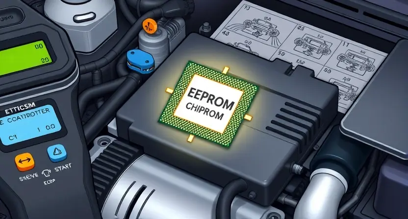 A detailed illustration of a car engine control unit (ECU) with a highlighted EEPROM chip. The ECU should be surrounded by diagnostic tools like a scan tool and wiring diagrams. Focus on the chip's location and its connection to the ECU's circuitry. The background should be a clean, professional automotive workshop environment.