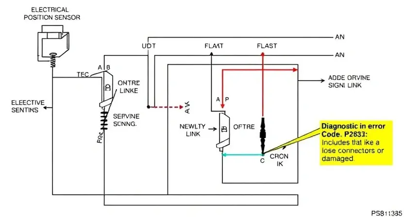 A detailed schematic diagram of an electrical circuit, specifically focusing on the electrical position sensor (fork) and its associated wiring. The diagram should clearly show the sensor, the signal lines, and the diagnostic error code P2832. Include visual representations of potential faults like loose connections or damaged wires.