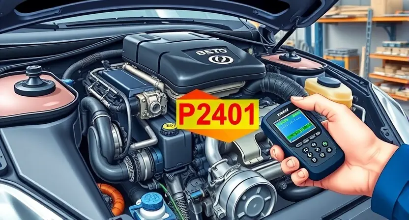 A detailed illustration of a car engine with a highlighted P2501 error code area, showing the fuel injector and related components. The image should depict the engine in a transparent view to clearly show the internal parts. The scene should include a mechanic's hand holding a diagnostic tool, pointing to the problematic area. The background should be a well-lit workshop with various automotive tools and equipment.