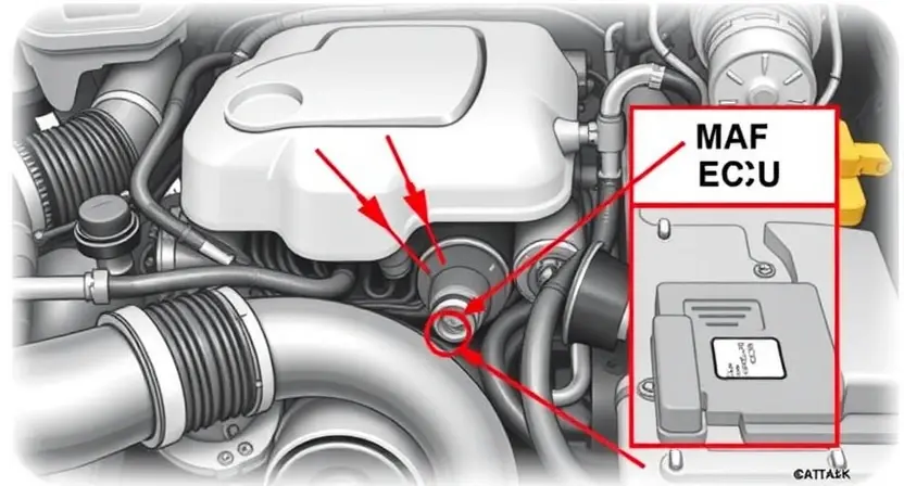 A detailed illustration of a car engine with a focus on the mass airflow sensor (MAF sensor). The sensor should be clearly visible, with arrows pointing to the intake manifold and the engine control unit (ECU). The background should show a clean, well-lit garage environment. The overall image should convey technical accuracy and clarity, suitable for a repair manual.