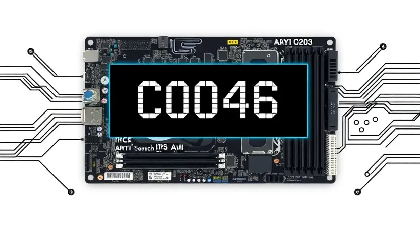A high-quality technical illustration showing a computer motherboard with a highlighted error code C0046 displayed on a diagnostic screen, surrounded by subtle circuit diagrams and warning icons, clean white background, professional lighting