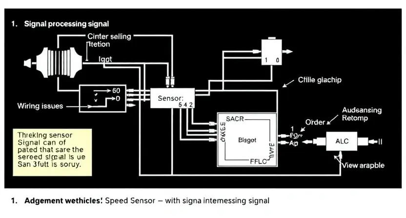 A detailed schematic diagram of a vehicle's speed sensor circuit, highlighting the intermittent signal issue. Include visual representations of the sensor, signal processing unit, and potential causes of the intermittent signal (e.g., wiring issues, sensor malfunction). Focus on clarity and technical accuracy.