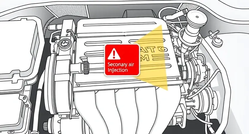 A detailed technical illustration of a car engine with a highlighted secondary air injection system showing a fault indicator, clean lines, high quality, no text or numbers on the image