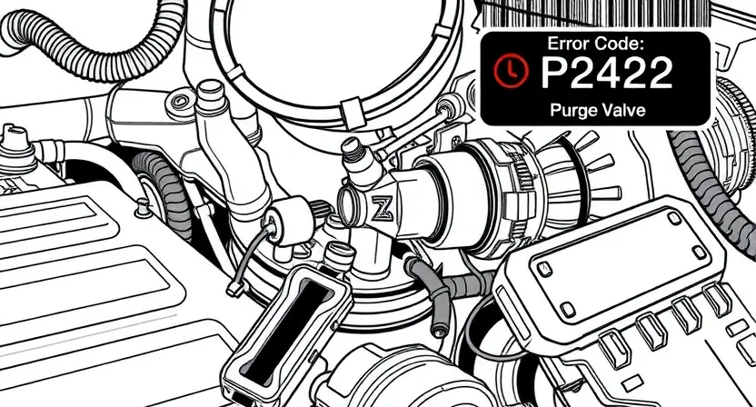 A detailed technical illustration of an automotive EVAP system showing a malfunctioning purge valve with visible cracks and carbon deposits, surrounded by diagnostic tools and error code P2422 highlighted on a digital display, clean background, high technical accuracy, no text or numbers on image