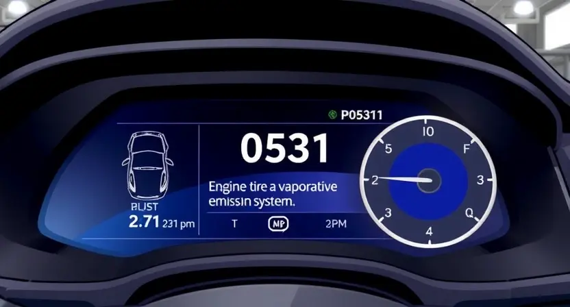 A detailed illustration of a car's diagnostic interface displaying error code P0531. The interface should show the error code prominently, along with relevant vehicle information like engine type and date of manufacture. Include visual cues representing the affected system (e.g., a symbol for the evaporative emissions system). The background should be a clean, professional automotive workshop setting.