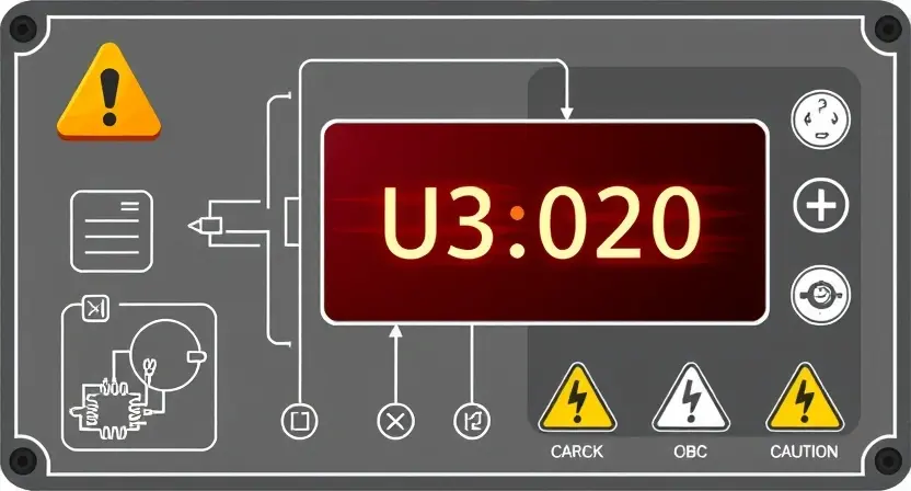 A technical illustration showing a warning sign or error code U3020 related to OBC, with symbols of malfunction, circuit diagrams, and caution icons, rendered in high-quality technical diagram style
