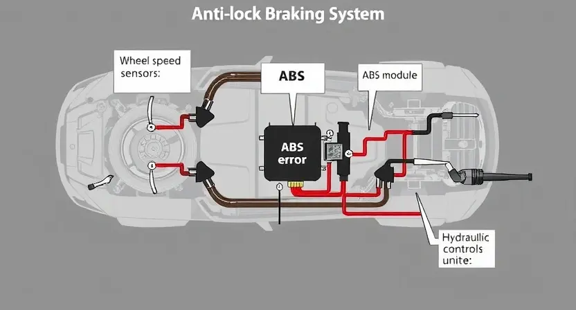 A detailed diagram of a car's Anti-lock Braking System (ABS). Highlight the wheel speed sensors, ABS module, hydraulic control unit, and brake lines. Use clear labels and arrows to indicate the flow of information and hydraulic pressure. The diagram should be clean, professional, and easy to understand, focusing on the components related to the C0245 error.
