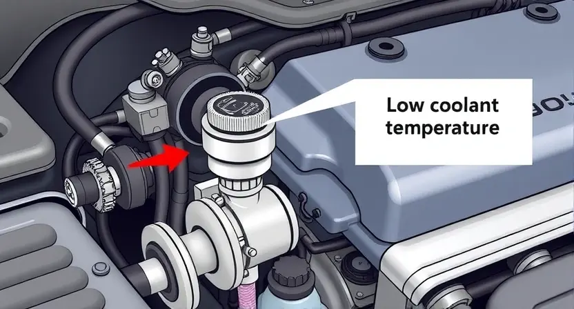 A detailed illustration of an engine's cooling system, highlighting the coolant temperature sensor and its connection to the engine control unit. Show a visual representation of low coolant temperature affecting engine performance, perhaps with a subtle visual cue indicating a warning or diagnostic code. Focus on the mechanical components and connections, avoiding any text or labels within the image itself.