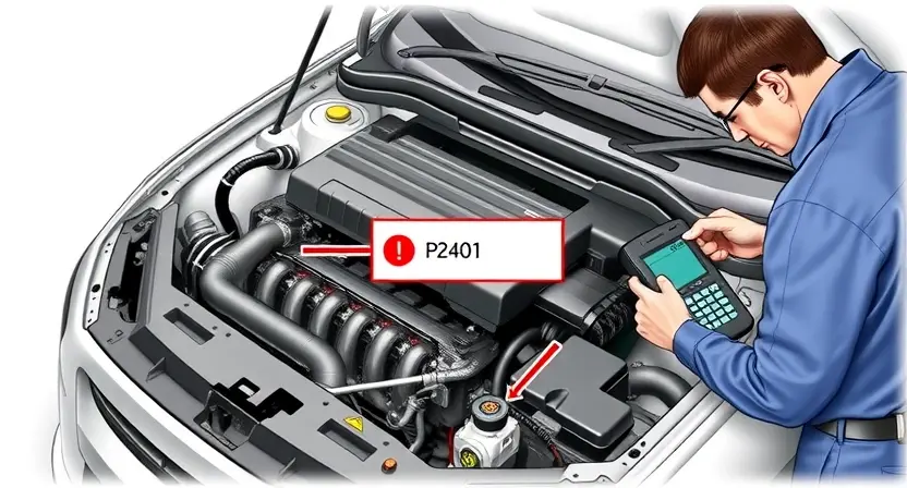 A detailed illustration of a car engine with a highlighted error code P2A01. The engine should be partially disassembled to show the relevant components. Focus on the diagnostic tools and a mechanic examining the engine.