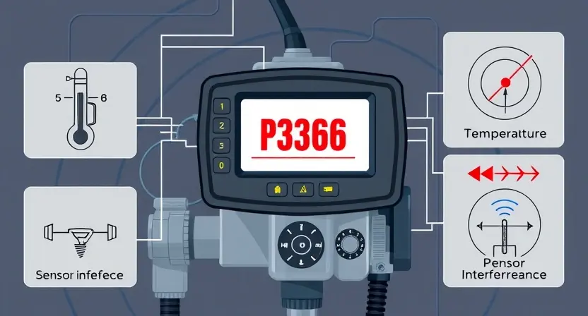 A high-quality technical illustration showing a modern gas injection system with visible error code P3366 displayed on a diagnostic screen, surrounded by schematic diagrams of external factors like temperature fluctuations, pressure variations, and sensor interference, clean technical style with precise line work and muted industrial color palette