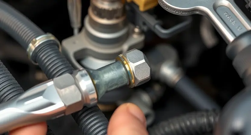 A close-up image of a pressure sensor being carefully removed from a vehicle's fuel system. The sensor should be clearly visible, along with the surrounding components of the fuel system. Tools like wrenches and sockets should be present, indicating a repair or replacement process. Focus on the sensor and its connection points.