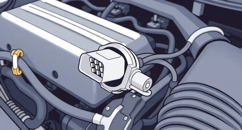 A close-up, detailed illustration of a car's engine bay. Focus on the mass airflow sensor (MAF sensor) and its surrounding components. The sensor should be clearly visible, with wires and hoses connected. The engine should appear clean and well-maintained. The overall lighting should be bright and even, highlighting the sensor's details.