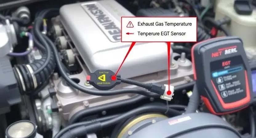 A detailed illustration of an engine bay with a focus on the exhaust gas temperature (EGT) sensor and its associated wiring. The sensor should be clearly visible, along with the wiring harness and diagnostic tools. The background should be slightly blurred to emphasize the sensor.