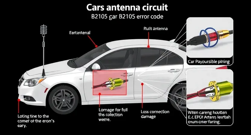 A detailed illustration of a car's antenna circuit, highlighting the B2105 error code and its potential causes. Include visual representations of the antenna, wiring, and possible damage (e.g., loose connection, corrosion). Focus on technical accuracy and clarity.