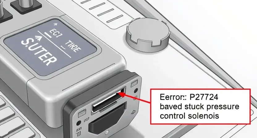 A detailed illustration of an automotive engine control unit (ECU) with a close-up of a solenoid valve. The solenoid valve should be visibly stuck or jammed, with a visual representation of the error code P2724 (stuck pressure control solenoid) displayed near the ECU. The background should be a clean, technical environment.