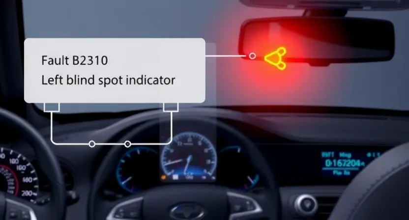 A high-quality technical illustration showing a vehicle's left blind spot indicator circuit diagram with a highlighted fault B2310, featuring a glowing warning light on the dashboard, schematic lines, and a stylized car interior background, rendered in the style "HQ-832-448-h"