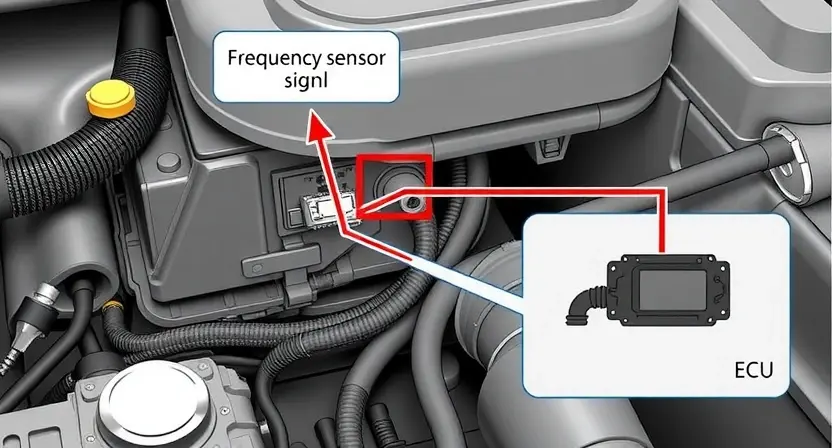 A detailed illustration of a car's engine control unit (ECU) with a wiring diagram highlighting the frequency sensor circuit. The diagram should clearly show the sensor, wiring, and the ECU receiving the signal. Focus on technical accuracy and clarity.