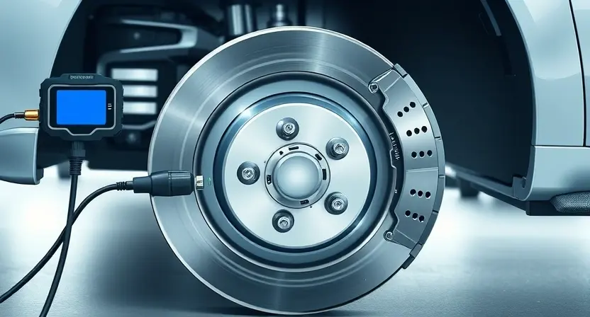 A clean, high-quality technical illustration of a modern car's ABS control module and wheel speed sensors on a brake disc, shown in a semi-transparent cutaway view to reveal internal components. The image should depict diagnostic tools connecting to the module, symbolizing troubleshooting and repair, with a focus on mechanical precision and safety. The background should be a neutral, professional workshop environment with soft lighting, emphasizing clarity and technical accuracy without any text