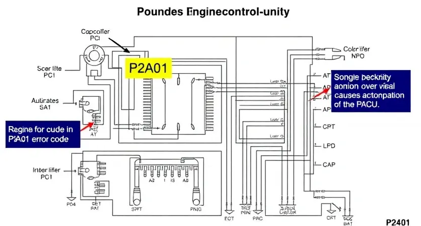 A detailed schematic diagram of an automotive engine control unit (ECU) with highlighted areas representing potential causes of the P2A01 error code. Include visual representations of sensors, actuators, and wiring. The diagram should be clean, well-labeled, and illustrate the flow of data within the ECU.