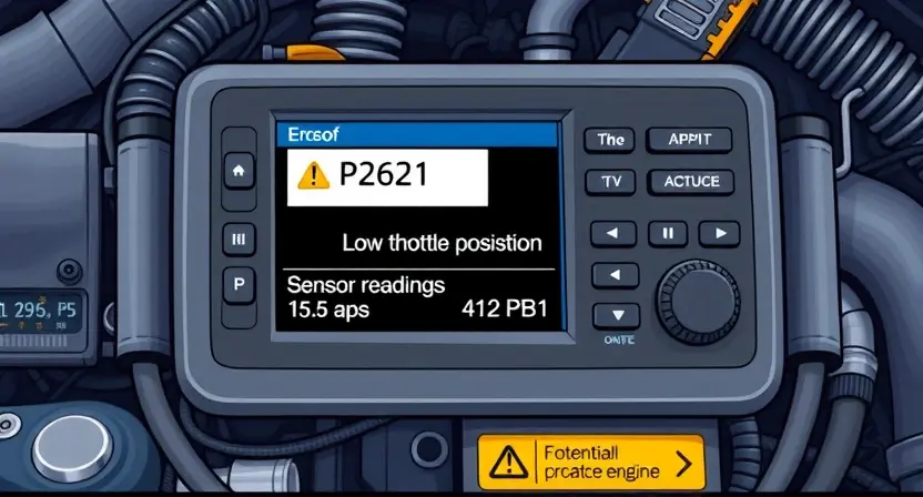 A detailed illustration of an engine control unit (ECU) displaying a diagnostic error code P2621 (Low throttle position signal). The ECU screen should show the error code prominently, along with related information like sensor readings and potential causes. The background should be a workshop environment with automotive tools and parts subtly visible. Focus on clarity and technical accuracy.