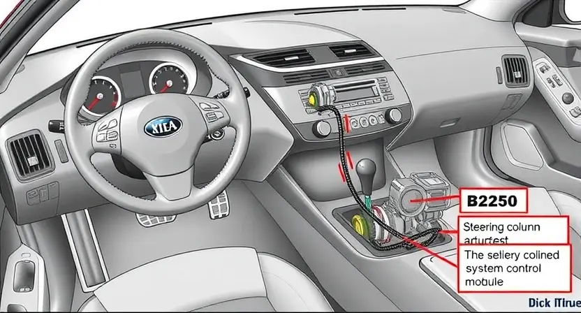 A detailed illustration of a car's steering column adjustment system, showing the key components such as the motor, gears, and linkages. The image should depict the system in a cross-sectional view to highlight the internal mechanisms. The steering wheel and column should be clearly visible, with annotations indicating the areas where the B2260 error might occur, such as the motor or control module.