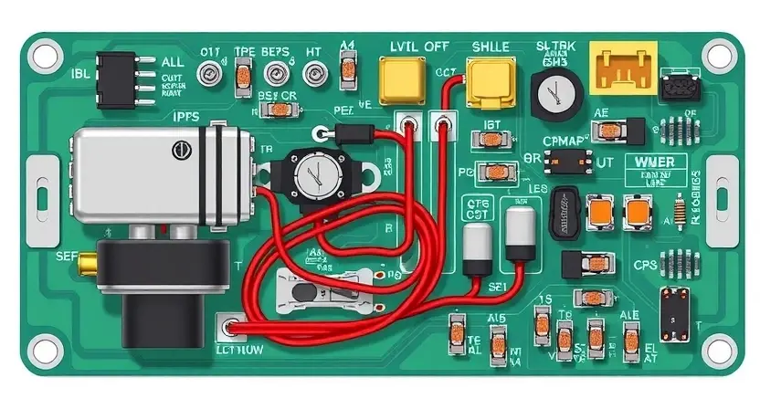 A detailed illustration of an ABS (Anti-lock Braking System) solenoid valve circuit board. Focus on the components like the solenoid, wiring, and connectors. The image should clearly depict the circuit and potential points of failure.