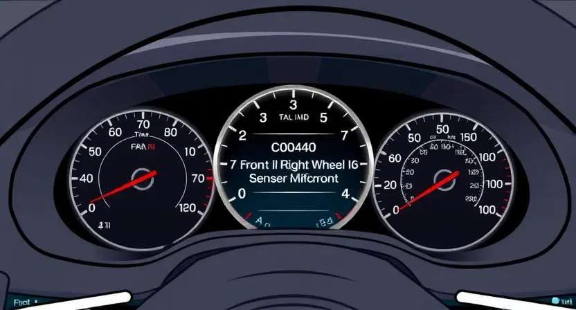 A detailed illustration of a car dashboard showing an error message 'C0040: Front Right Wheel Speed Sensor Malfunction'. The dashboard should display the error message clearly, along with other gauges and indicators. The car interior should be realistically depicted.
