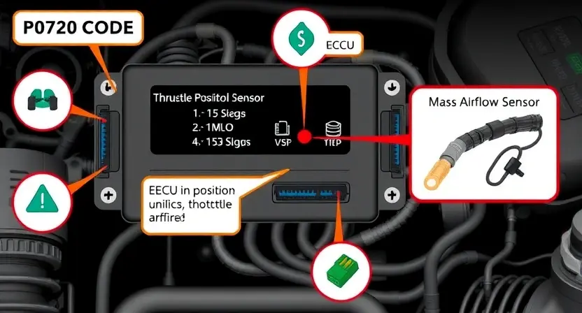 A detailed illustration of an engine control unit (ECU) with various sensors and diagnostic connectors. The image should highlight the P0720 error code and its potential causes. Include visual representations of related components like the throttle position sensor, mass airflow sensor, and vacuum system.