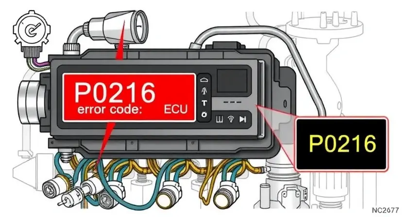 A detailed illustration of an engine control unit (ECU) with various sensors and wiring, highlighting the P0216 error code indicator. The image should depict the ECU's internal components and external connections, with a clear visual representation of the error code displayed on a diagnostic screen.