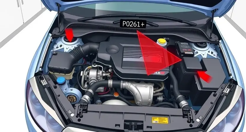 A detailed illustration depicting a car engine with a diagnostic light illuminated (specifically, the check engine light). The engine should be partially disassembled to show various components like hoses, wires, and sensors. A digital display showing the error code P0261 should be visible. The background should be a clean, white laboratory setting.