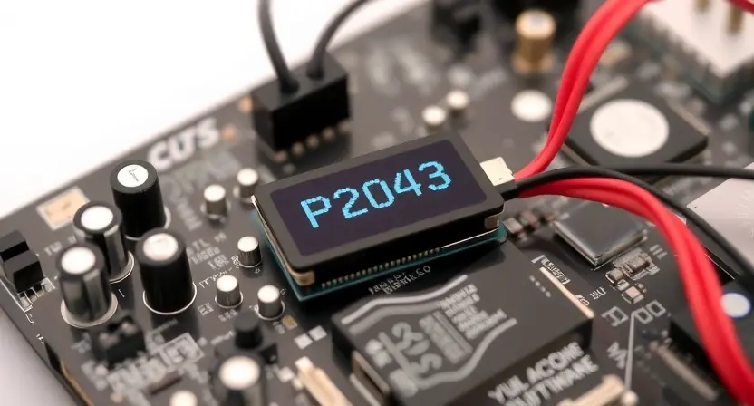 A close-up, detailed illustration of a computer motherboard with a highlighted P2043 error code displayed on a small LCD screen connected to the motherboard. Focus on the electronic components and the error message. The background should be blurred to emphasize the motherboard.