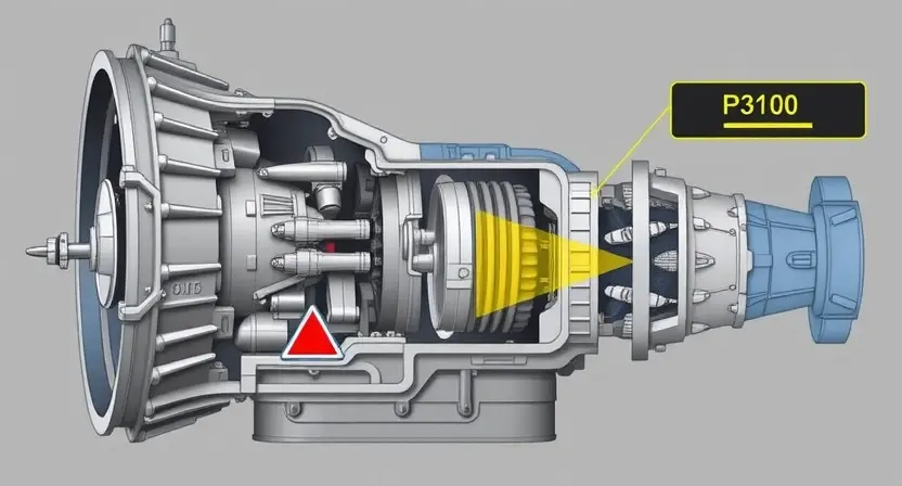 A detailed illustration of a hybrid transmission system with a focus on the P3100 error indicator. The image should depict the internal components of the transmission, highlighting the potential causes of the error. Include visual cues representing the error state, such as a flashing indicator light or a diagnostic display showing the P3100 code.