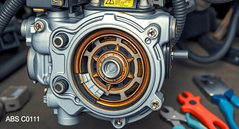 A detailed illustration of an automotive ABS pump with visible mechanical damage such as worn gears, leaking seals, or broken components inside the pump housing, set in a garage environment with tools nearby, emphasizing the mechanical failure causing ABS error code C0111, no text or labels on the image