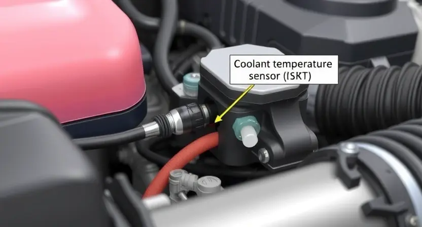 A close-up, detailed illustration of a car's engine bay with a focus on the coolant temperature sensor and surrounding components. The image should convey a sense of technical precision and clarity, highlighting the sensor's location and connections. The background should be slightly blurred to emphasize the engine components.