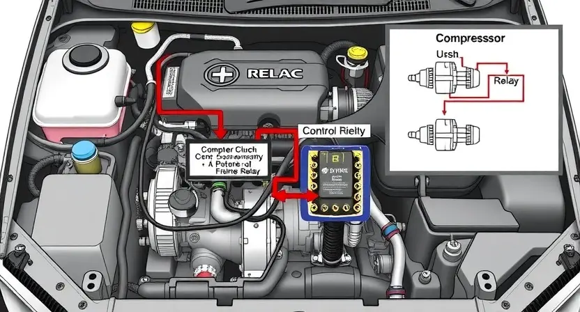 A detailed illustration of a car engine bay, focusing on the compressor clutch relay control circuit. Include wiring diagrams, the relay itself, and components related to the compressor. The image should clearly depict the circuit and potential points of failure.