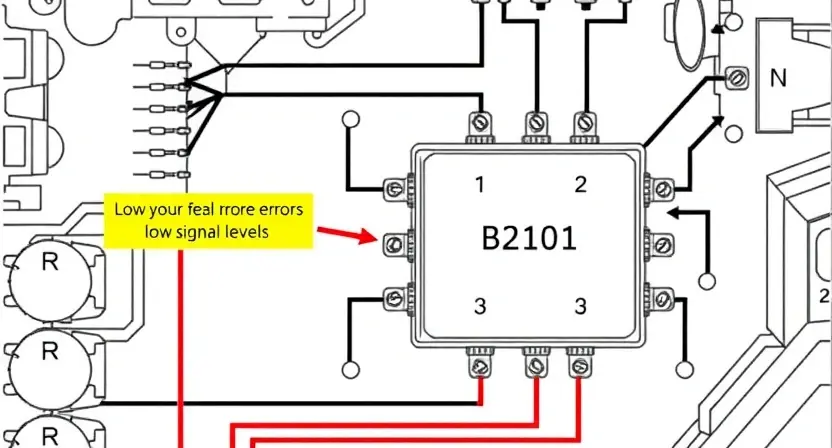 A detailed schematic diagram of an engine control unit (ECU) with a prominent button and associated wiring. Highlight the area where the B2101 error code might originate. Include visual cues representing low signal levels, such as faint lines or a dimmed color in the wiring.