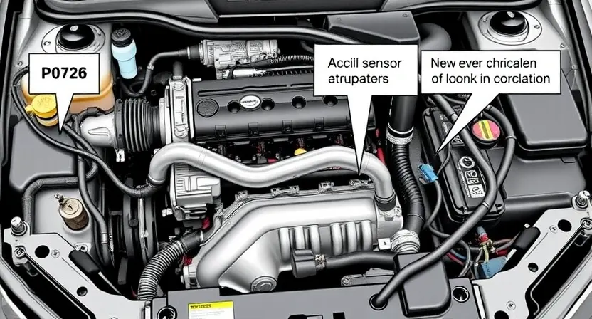 A detailed illustration of a car's engine bay, focusing on the area related to the P0726 error code. Include visual representations of the relevant sensors, actuators, and wiring harnesses. The image should clearly depict the components involved in the system that triggers this code.
