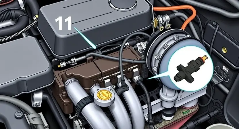 A detailed illustration of an engine bay with a focus on the fuel injector circuit of cylinder 11. Show a close-up of the injector, wiring harness, and related components. The engine should be a modern car engine.