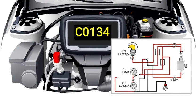 A high-quality technical illustration showing a car engine control system with a highlighted error code C0134 displayed on a diagnostic screen, surrounded by schematic diagrams of a lambda sensor and wiring, clean white background, professional lighting, no text or numbers on the image