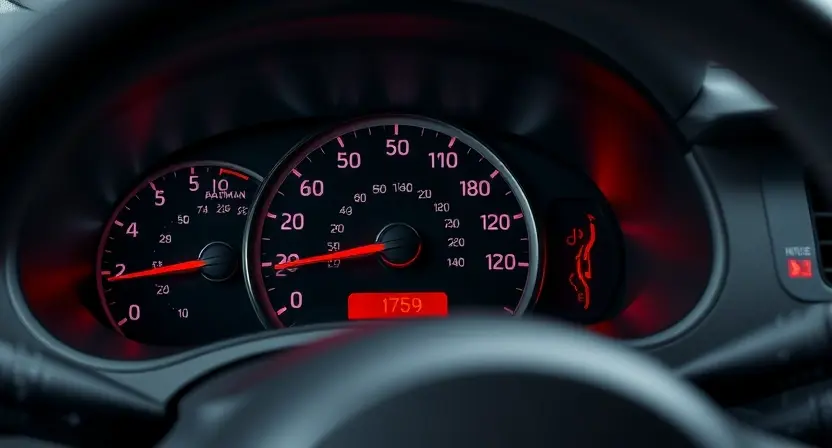 A close-up, detailed shot of a Nissan vehicle's dashboard, specifically highlighting the instrument cluster and any warning lights illuminated. The focus should be on the area where a diagnostic error code might be displayed. The car should be clean and well-lit, suggesting a professional automotive setting.