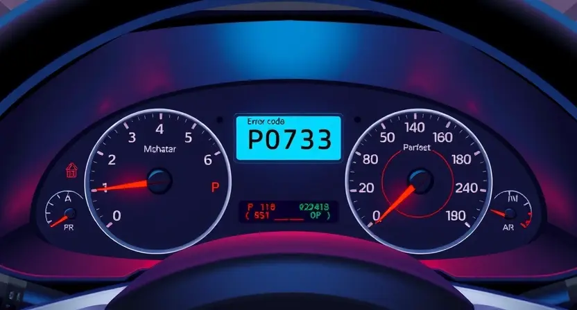 A detailed illustration of a car's dashboard with a P0703 error code displayed on the instrument cluster. The dashboard should be brightly lit, showing various gauges and warning lights. Focus on the error code and its location within the display.